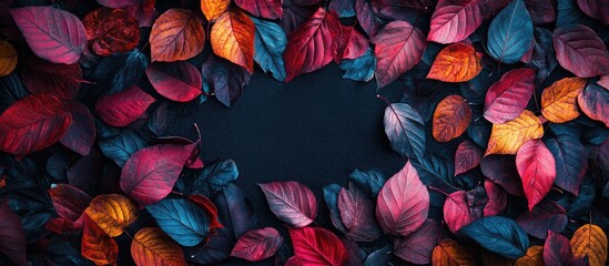 Vibrant autumn foliage in rich reds oranges and blues creating a textured border against a dark background with negative space for text insertion