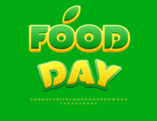 Vector Stylish sign Food Day. Yellow and Green Fashion Font. Artistic Alphabet Letters and Numbers set.