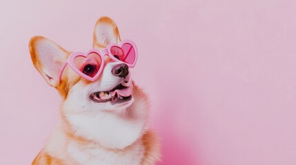 Fototapeta premium A cheerful Corgi dog wearing pink heart-shaped sunglasses against a pastel background. Perfect for a Valentine's Day concept, featuring ample copy space for banners or pet shop promotions