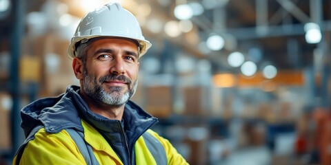 Confident caucasian man in warehouse. Experienced worker wearing safety helmet and high-visibility vest. Industrial environment portrait. Logistics and distribution center