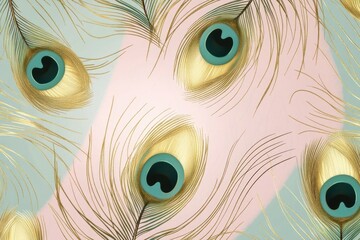 Obraz premium This artwork features a stunning arrangement of peacock feathers with mesmerizing emerald and gold hues against a gentle pastel backdrop, symbolizing elegance and grace.