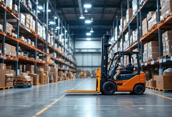 Modern warehouse interior with forklift and stacked shelves. Large distribution center for logistics and supply chain management. Industrial storage facility.
