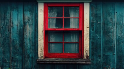 Obraz premium Vintage wooden house featuring a charming red window on a rustic teal wall backdrop showcasing classic architectural beauty.