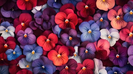Vibrant mix of Viola tricolor flowers in various shades creating a colorful floral background for design and decoration purposes.