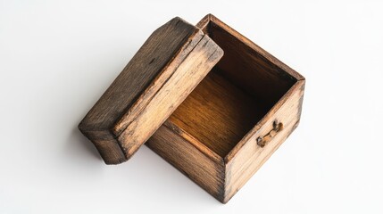 Obraz premium Vintage Wooden Open Box Isolated on White Background Ideal for Rustic Decor or Storage Concepts.
