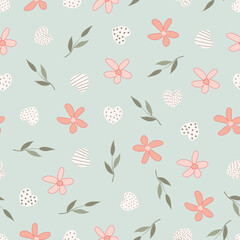 Valentine floral seamless pattern. Bohemian flowery romantic surface design with heart shapes