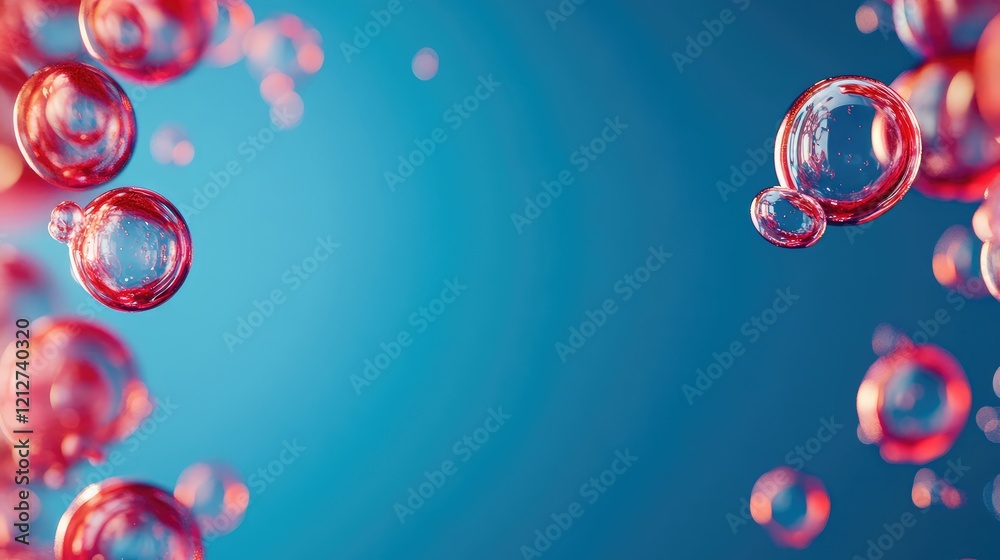 Poster vibrant blue background featuring clusters of glossy red soap bubbles on the left with ample open sp