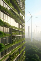 Fototapeta premium A building with a lot of green plants on it and a wind turbine in the background
