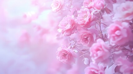 Fototapeta premium Close up of delicate pink roses in a serene garden setting, perfect for banners, greeting cards, and nature-themed decor.