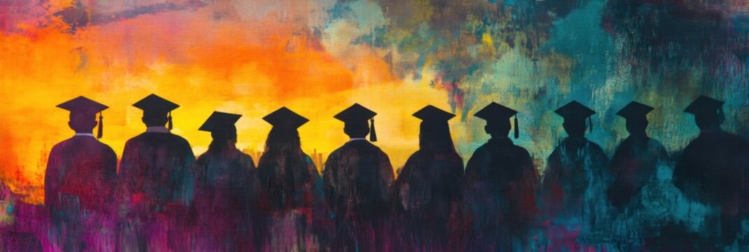 Silhouettes of several students wearing caps during sunset at the graduation ceremony Generative AI
