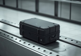 Obraz premium Black Hard-shell Suitcase on Baggage Claim Conveyor Belt in Airport Terminal, Waiting for Owner, Travel and Vacation Concept, Empty Arrival Area