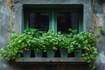 Lush greenery spilling from a rustic window box in an ancient stone building, captivating the charm of urban gardening