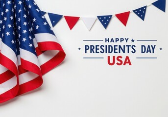Presidents Day USA banner, American flag, red white and blue, patriotic decoration, stars and stripes, holiday celebration, national symbol, festive ribbon, white background, crisp details