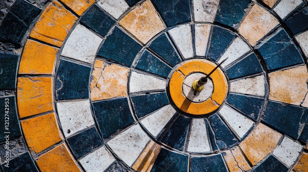 Poster colorful geometric patterns of a dartboard design on the ground illuminated by sunlight creating a s