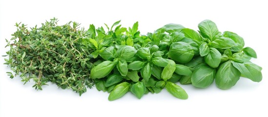 Obraz premium Fresh culinary herbs arranged on a white background showcasing vibrant greens for cooking and presentation in culinary arts