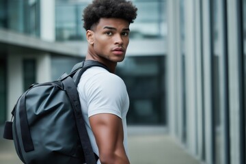 Young athletic man walking through an urban cityscape, confidently carrying a gym bag while embracing a healthy, active lifestyle