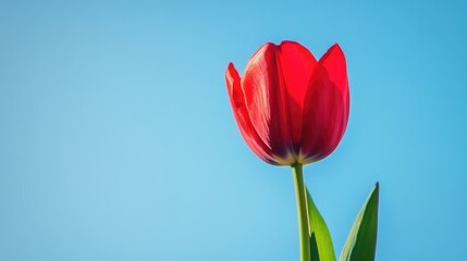 Bright red tulip flower in full bloom against a clear blue sky showcasing vibrant colors and natural beauty in springtime.