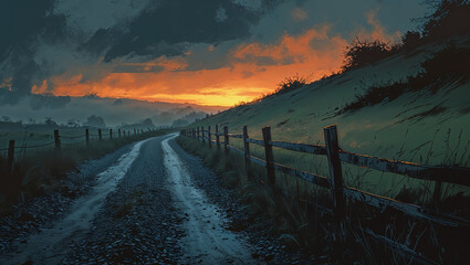 Fototapeta premium Gravel road winding through countryside at sunset with wooden fence