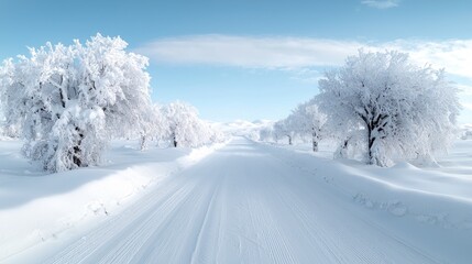 Obraz premium Snow-covered road lined with frost-covered trees under a clear blue sky in winter.