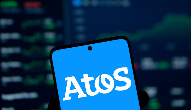 Dhaka, Bnagladesh- 22 Jan 2025: atos logo is displayed on smartphone. Atos SE is a European multinational information technology company.