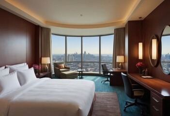 A luxurious hotel room with a king size bed and city skyline view