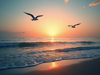Obraz premium Serene sunset over the ocean, with seagulls soaring overhead