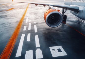 Close-Up View of an Aircraft Engine on a Runway with Clear Markings, Showcasing Aviation, Travel and Modern Transportation in a Dynamic Environment