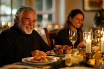 A group of friends enjoying a festive dinner with a man smiling at the table, surrounded by candles and delicious food