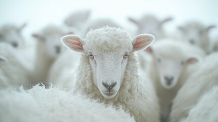 Obraz premium A close-up of a dense flock of white sheep, focusing on one sheep in the foreground with soft, fluffy wool