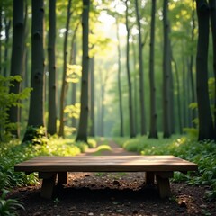 Naklejka premium A serene forest scene with a wooden bench inviting contemplation