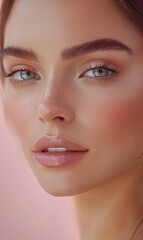 Fototapeta premium Stunning close-up portrait of a female model with natural beauty and clear skin against a soft pink background