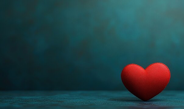 Vibrant red heart on a textured blue-green background, symbolizing love and affection with simplicity and elegance