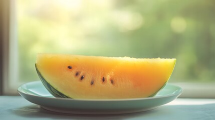 image of a Yellow watermelon on a plate, set against a soft, blurred background