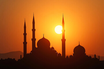 Silhouette of mosque at sunset with flying birds capturing Ramadan's spiritual tranquility