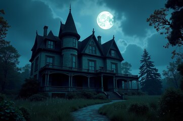 The mansion stood tall, its turrets reaching for the moonlit sky