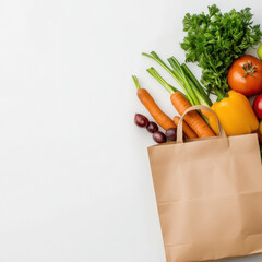 various fruit and vegetables in paper bag on white background