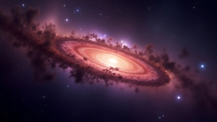 Naklejka premium Panoramic view of Milky Way galaxy, vibrant purple and pink cosmic clouds, bright glowing galactic core, scattered stars, celestial landscape, deep space photography, high resolution astrophotography