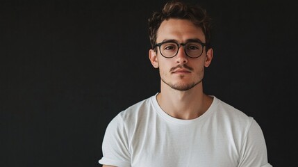 Obraz premium Portrait of serious young man wearing glasses and white t-shirt on black background