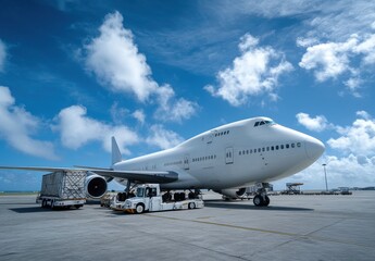 Large cargo airplane on the tarmac at an airport, surrounded by ground support vehicles under a bright blue sky with fluffy clouds, showcasing air transportation and logistics operations.