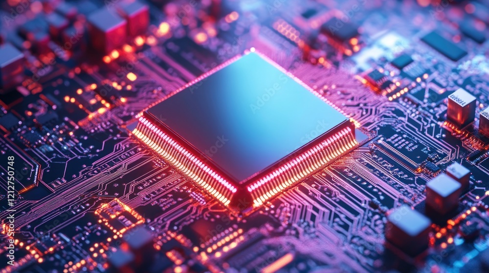 Poster close-up view of a computer microchip with red glowing circuits and a central processor