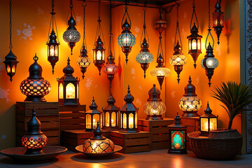 Obraz premium Colorful Moroccan lanterns casting artistic light patterns on textured background