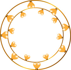 Decorative circular frame made of intertwined golden rings adorned with small, glossy  hearts yellow, creating an elegant and romantic design.  Ideal for Valentine's Day, wedding invitations, love-the