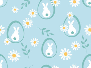 Seamless pattern with Easter eggs, bunny rabbit cartoons daisy flower and branches on green background vector.