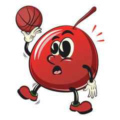 Fototapeta premium Cute red cherry fruit vektor illustration mascot character playing basketball, work of hand drawn