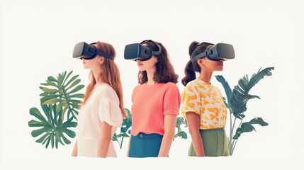 woman wearing a VR headset, white background, casual clothing