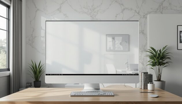 A spacious workspace showcases a large, contemporary computer on a wooden desk. Natural light floods the area, highlighting green plants and stylish decor. A calm and inviting atmosphere prevails