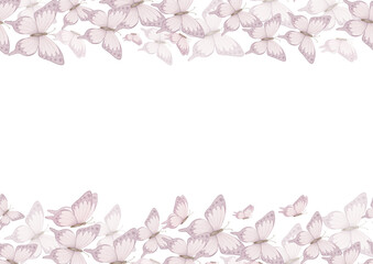 Seamless watercolor butterfly Frame in pastel pink colors for childish greeting cards or wedding invitations. Border for baby shower templates. Cute floral pattern for girls.