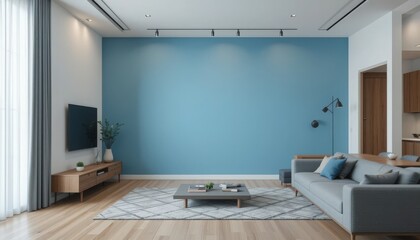 A spacious living room showcases a calming blue accent wall with contemporary furniture, natural light flooding in through large windows, creating a cozy, inviting environment