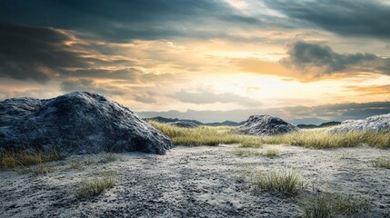 Sunset illuminating rocky landscape with sparse vegetation