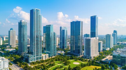 Obraz premium A vibrant skyline featuring modern skyscrapers and green spaces under a clear blue sky, showcasing urban architecture and city life.